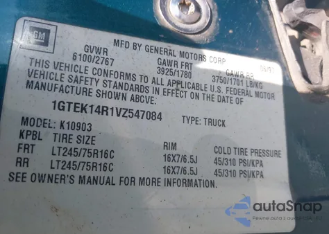 1997 GMC Sierra 1500 Sl Wideside from USA, damaged, VIN 1GTEK14R1VZ547084